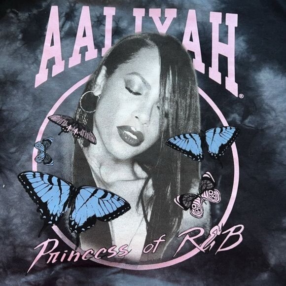 Aaliyah Womens Graphic Tie-Dye T-Shirt Princess Of R&B Blue Butterflies Large - Picture 3 of 5
